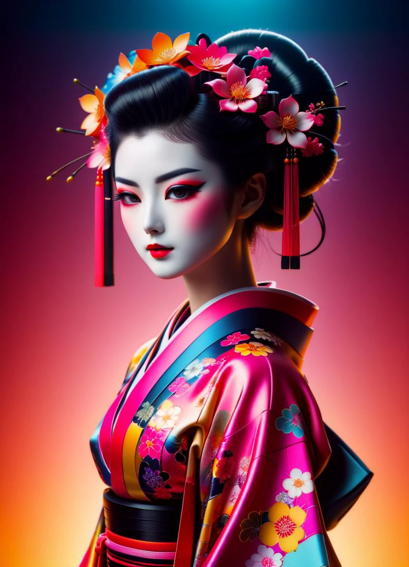 Cyberpunk humanoid robot geisha, flower kimono, very colorful, depressed look, hypermaximalist, elegant, super detailed, 32k, insanely detailed and intricate, Photography, Photoshoot, Shot on 70mm lens ral-symetrical  retro ink, subsurface scattering, Photorealistic, Hyperrealistic, analog style, realistic, film photography, soft lighting, heavy shadow