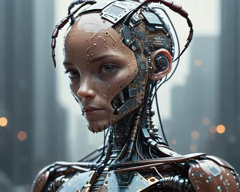 cyborg, mostly human, partially ant, high tech, outdoors <lora:Dark_Futuristic_Circuit_Boards:.6> circuitboard