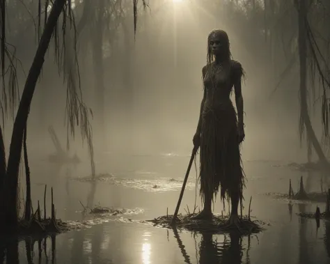 voodoo, swamp, shafts of sunlight, mist, detailed face, full body, real person, chiaroscuro
