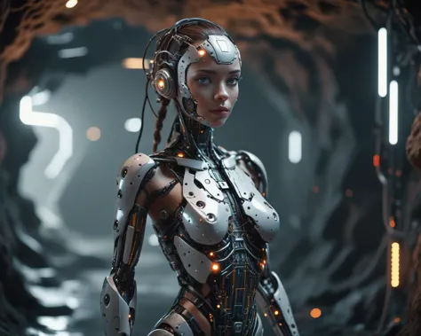beautiful female cyborg, mostly human, partially ant, high tech, cave, <lora:Dark_Futuristic_Circuit_Boards:.4> circuitboard, fu...