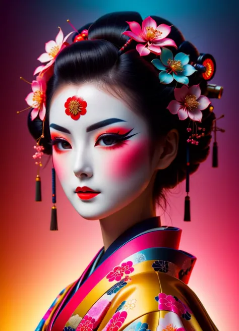 Cyberpunk humanoid robot geisha, flower kimono, very colorful, depressed look, hypermaximalist, elegant, super detailed, 32k, in...