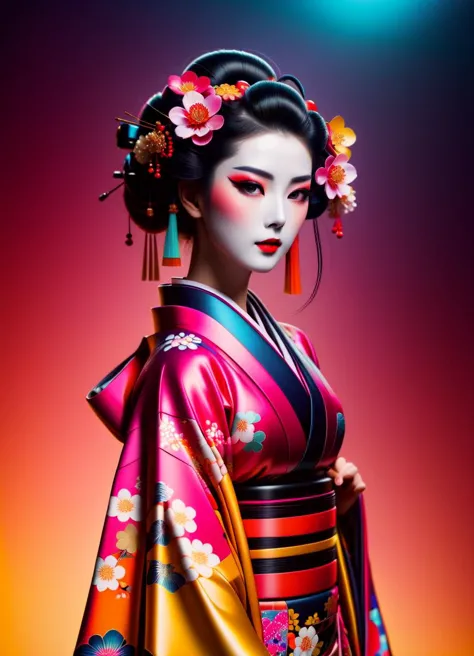 Cyberpunk humanoid robot geisha, flower kimono, very colorful, depressed look, hypermaximalist, elegant, super detailed, 32k, in...
