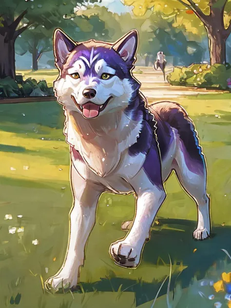 realistic, hyperrealism, outdoors, running in the park on grass, sunny day, <lora:character pascal the dog (shin megami tensei):...