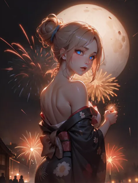 blurry background, house, 1girl, kimono, off shoulder, looking back, twisted torso,  moon,fireworks festival, summer festival, u...