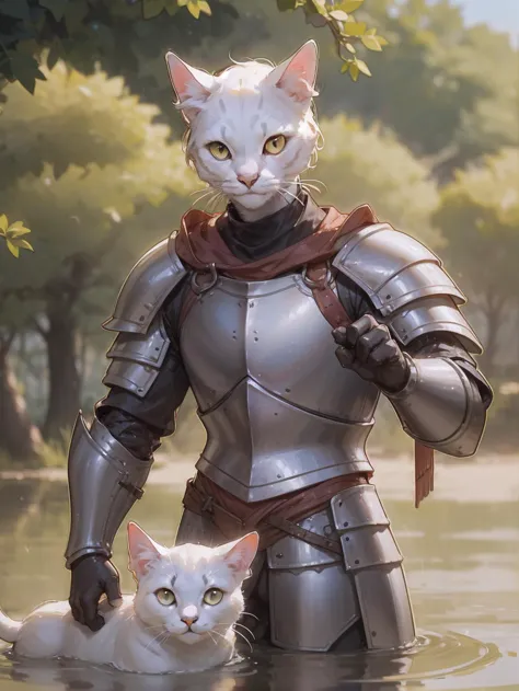 white cat (animal), wearing knight armor, water, blurry background,