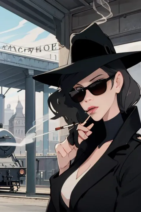 drawing, beautiful woman, portrait, smoking a cigarette, smoke in air, black sunglasses, big black hat, train station background, good anatomy, fashionable, masterpiece, <lyco:LupinPart2Style:1.0>