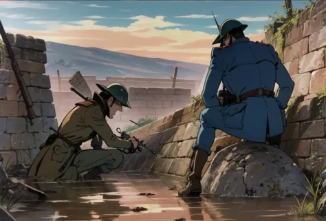 anime scene of two soldiers in uniform sitting on rocks near water