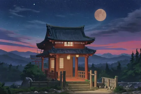 anime scenery of a japanese temple with a full moon in the background