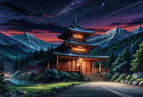 <lora:add_detail:1> <lora:add_detail:1> <lora:octans-PYNOISE-LOHA:1>, octans, sleepy japanese shrine at night landscape, beautiful night sky with stars and moon, telephone wires, hills with forest, mountains, expansive shrine at center, tori gates, <lora:LupinPart2Style:1> pt2