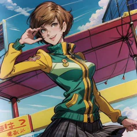 <lora:chie:1>, chie, <lora:LupinPart2Style:1>, pt2, <lora:add_detail:1>, sports jacket, skirt, big smile, closeup, headshot, 1girl