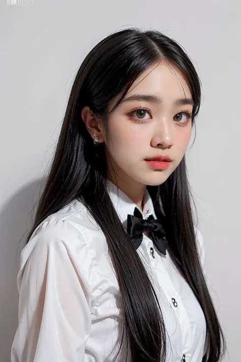 a close up of a woman wearing a white shirt and black bow tie