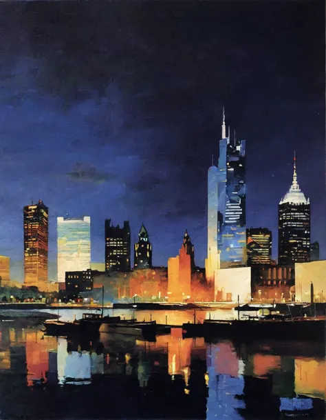 A hypermodernist painting featuring multiple, overlapping reflections of a city skyline at night. The skyline is bathed in warm, vibrant colors, gradually spreading across the canvas from darker, more somber hues. The painting is displayed in a contemporary art gallery with white walls and minimalist decor.