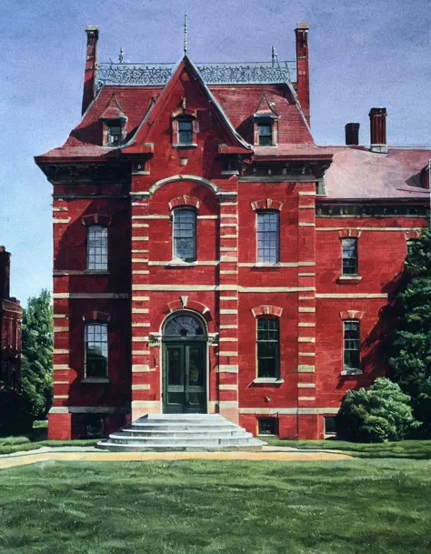 A detailed architectural structure, a mansion with a red brick exterior, surrounded by lush green grass in a grassy field. The Hudson River is visible in the background. The sky is a deep wine color. The texture of the mansion is glossy and metallic. The pattern of the mansion is simplistic, with bold, non-overlapping shapes and opaque colors, suggesting a lack of depth or complexity.