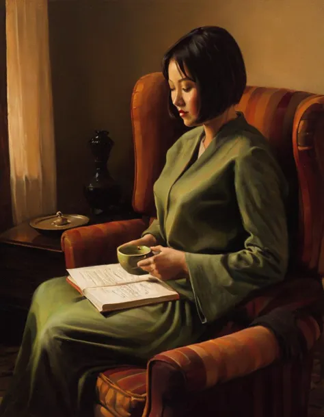 A woman is sitting in an avocado green armchair with straight lines. The armchair is in a dimly lit room with intense chiaroscuro lighting. The color palette is dominated by ochre tones. The woman is reading a book with a cup of tea on a small wooden table next to her.