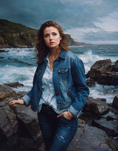 A woman with a strong jawline and piercing blue eyes, wearing a denim jacket, jeans, and boots, standing on a rocky shore with waves crashing against the rocks. The sky is dark and stormy. The woman is looking out to sea with a determined expression.