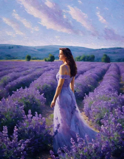 a painting of a woman in a lavender field with a sky background