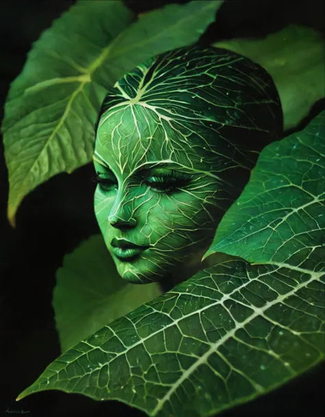 a close up of a green woman's face with leaves surrounding it