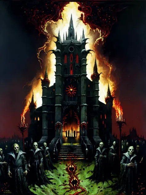 a painting of a castle with a fire in the background