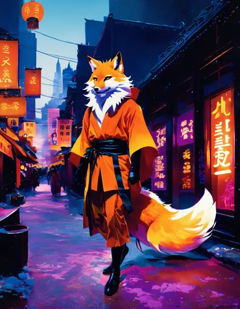 A bustling city filled with neon lights and colorful buildings. The streets are filled with people dressed in bright, psychedelic clothing. The kitsune, a mythical creature with the head of a fox, is walking through the city. The kitsune has a turmeric color palette, with bright yellow fur and golden eyes. The concept character sheet includes detailed information about the kitsune's abilities, personality, and backstory.