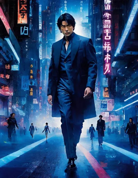 A Japanese live-action movie set in a futuristic city. The movie is about a group of people who are trying to stop a powerful corporation from destroying the city. The textiles in the movie have metallic and glossy textures. The color palette is electric blue. The movie is set in a world where technology has advanced to the point where it has become a part of everyday life. The city is filled with neon lights and sleek, modern buildings. The people in the movie wear clothes that are both fashionable and functional. The movie is a thrilling action-packed adventure that explores the themes of technology, power, and human nature.