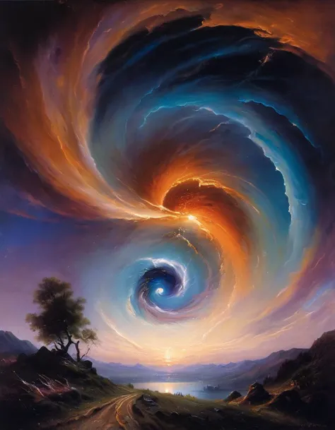 a painting of a spiral shaped vortex with a tree in the foreground