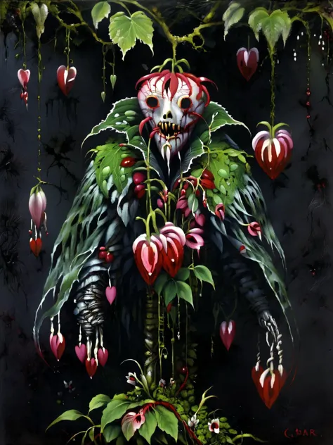 a painting of a demon with a skull and flowers