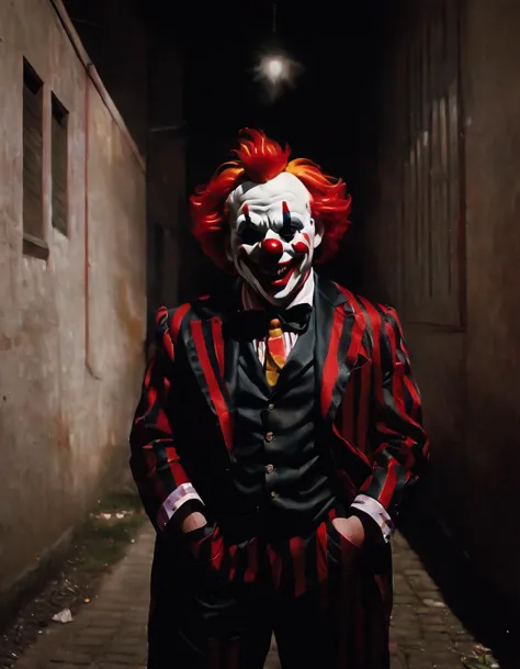 arafed clown in a red and black suit standing in a dark alleyway