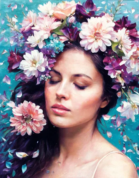 A close-up of a woman's face, her eyes closed, as she breathes in the scent of a bouquet of flowers. The flowers are a mix of pink, purple, and white petals, arranged in a cascading pattern. The color palette is dominated by shades of cyan, with a few pops of white and pink.