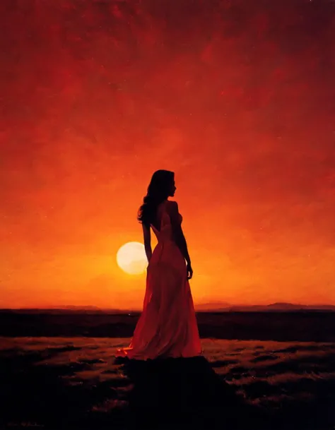 arafed woman in a white dress standing on a rock in front of a sunset