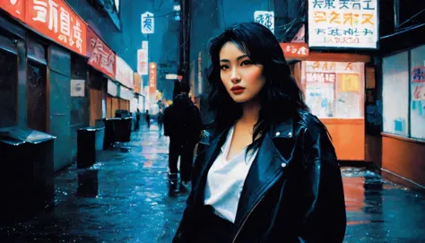 A fashion model, a young woman with long black hair, is striding confidently down a rainy alley in Tokyo. She is wearing a streetwear outfit consisting of a black leather jacket, a white t-shirt, and black jeans. She has a black backpack slung over her shoulder. The alley is illuminated by neon signs, and the rain is falling heavily. The woman's face is expressionless, but her body language exudes confidence and style.