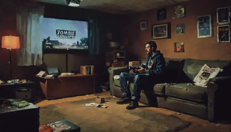 A man is playing a video game with pixelated graphics. The game is called 'Zombie Apocalypse: The Final Stand'. The man is sitting on a couch in a living room with a controller in his hand. There is a TV in the background with the game playing on it. The room is dark and there are empty pizza boxes on the floor.