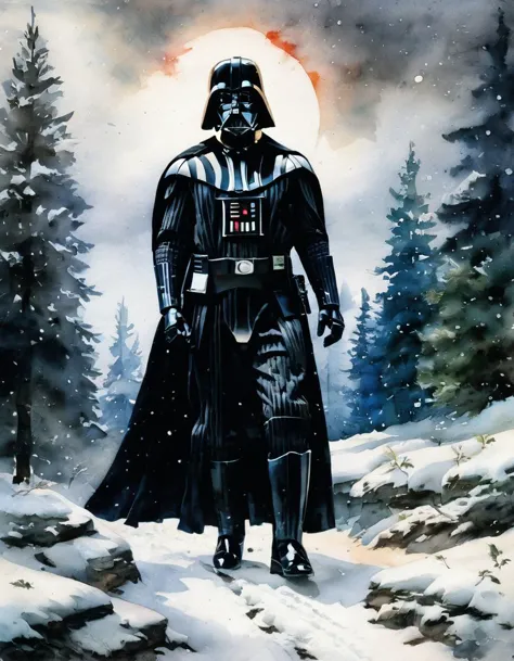 A watercolor painting of Darth Vader standing in a snow covered forest. The trees are covered in snow and there is a snowy path leading to Vader. Vader is wearing his iconic black armor and helmet. The sky is dark and cloudy.