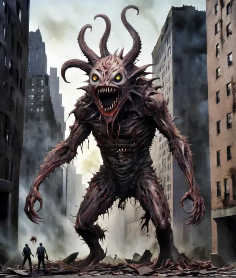 there is a large monster with a huge head standing in the middle of a city