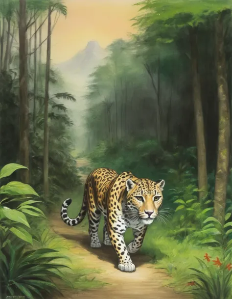 painting of a leopard walking on a path in a jungle