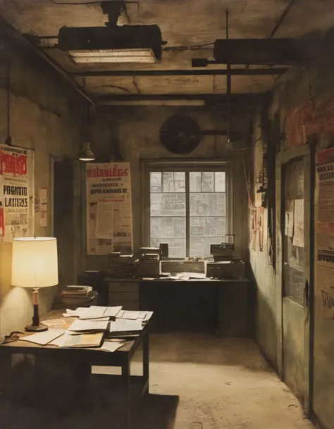 A grainy photo of a 1960s underground newspaper office with printing presses, draft cards, and countercultural literature. The room is dimly lit with a single light bulb hanging from the ceiling. The walls are covered in posters and graffiti. The printing presses are old and rusty, but still in use. The draft cards are scattered on a table in the corner. The countercultural literature includes books, pamphlets, and magazines. The mood is tense and anti-establishment.