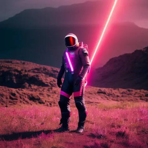 neon-ground-astronaut scifi style,a human male man figure in astronaut suit in field,helmet glowing pink, dynamic lighting, atmo...
