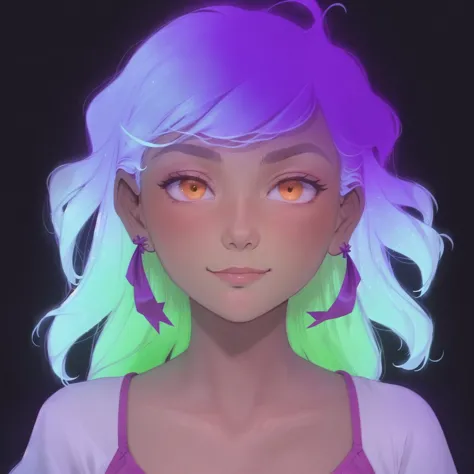 a close up of a person with a purple and green hair