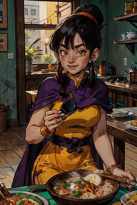 anime woman in a yellow dress eating a bowl of food