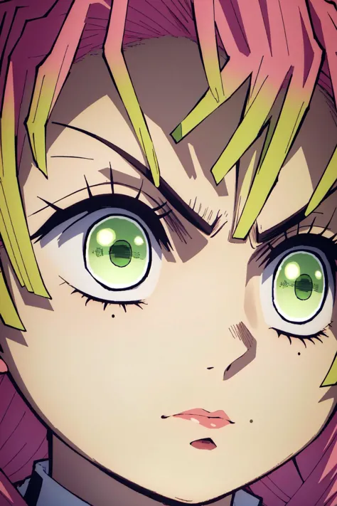 anime girl with pink hair and green eyes staring at something