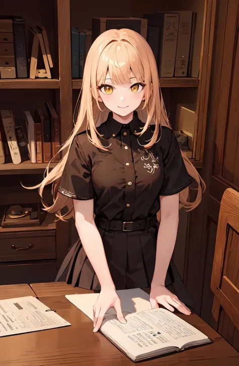 masterpiece, best quality, ultra-detailed, illustration, 1girl, ((looking at viewer)), (cowboy shot), smile, yellow eyes,long hair,blunt bangs,(Highest Quality, Amazing Details:1.25),
collared shirt,shirt,skirt ,full body,small breast, book, shelf,table,