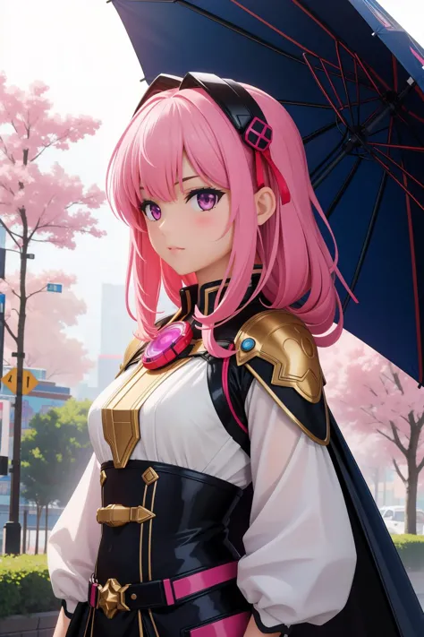 anime girl with pink hair and black cape holding an umbrella