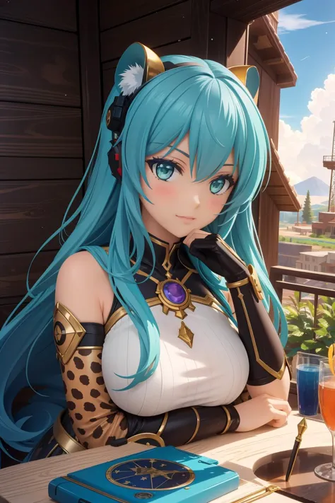 a woman with blue hair sitting at a table with a drink