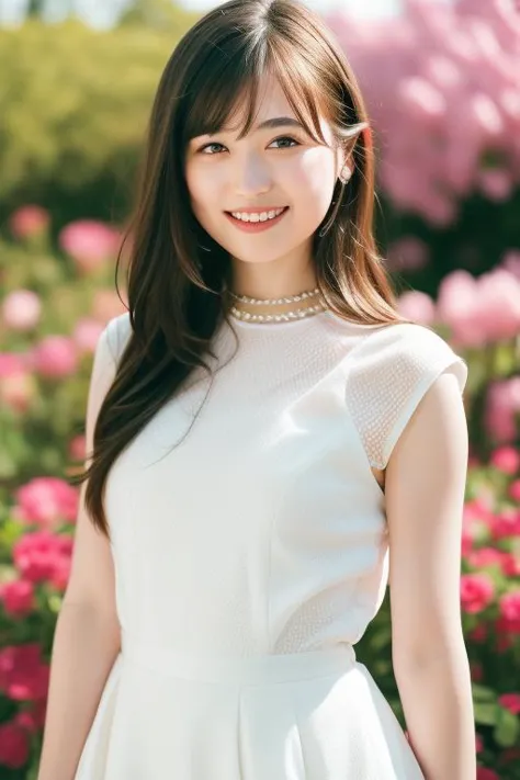 a woman in a white dress standing in front of flowers