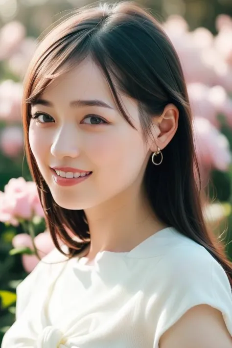 a woman with long hair and earrings standing in front of flowers