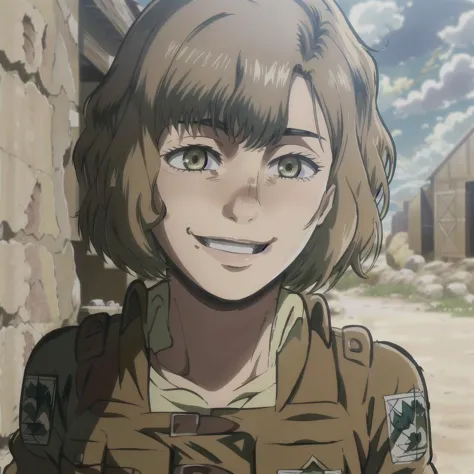 1girl, Hitch Dreyse, Attack on Titan, brown hair, green eyes, paradis military uniform, smile, cowboy shoot,   <lora:aot_hitch:1...