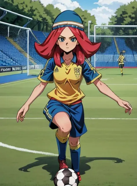 best quality, (masterpiece),(ultra-detailed), (high quality), (high resolution),  victoria vanguard, blue eyes, red hair, hat,outdoors, raimon soccer uniform, 