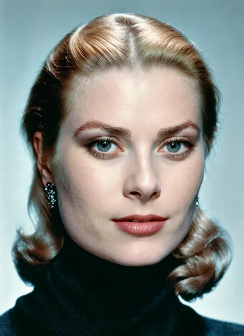 a close up of a woman with a black turtle neck sweater