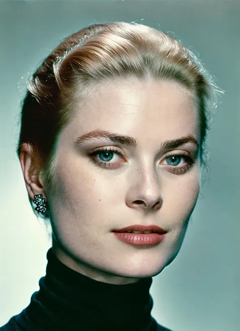 a close up of a woman with a black turtle neck top