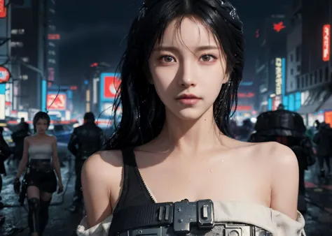 ((best quality)), ((masterpiece)) , ((ultra-detailed)), (illustration), (detailed light), (an extremely delicate and beautiful), ((1girl)), ((solo)), (beautiful detailed eyes), shiny hair,(((cyberpunk city))), light pollution,  rainy night, wet, (((cropped...