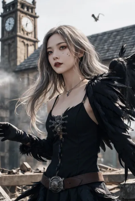 characters , metal equipment (series), close-up, mechanical prostheses, [[steampunk]], human reconstruction, black smoke, gear clock tower, [[smoke filled abandoned city]], white long hair, gear boots, brown gloves, messy white hair, silver hair fluttering...